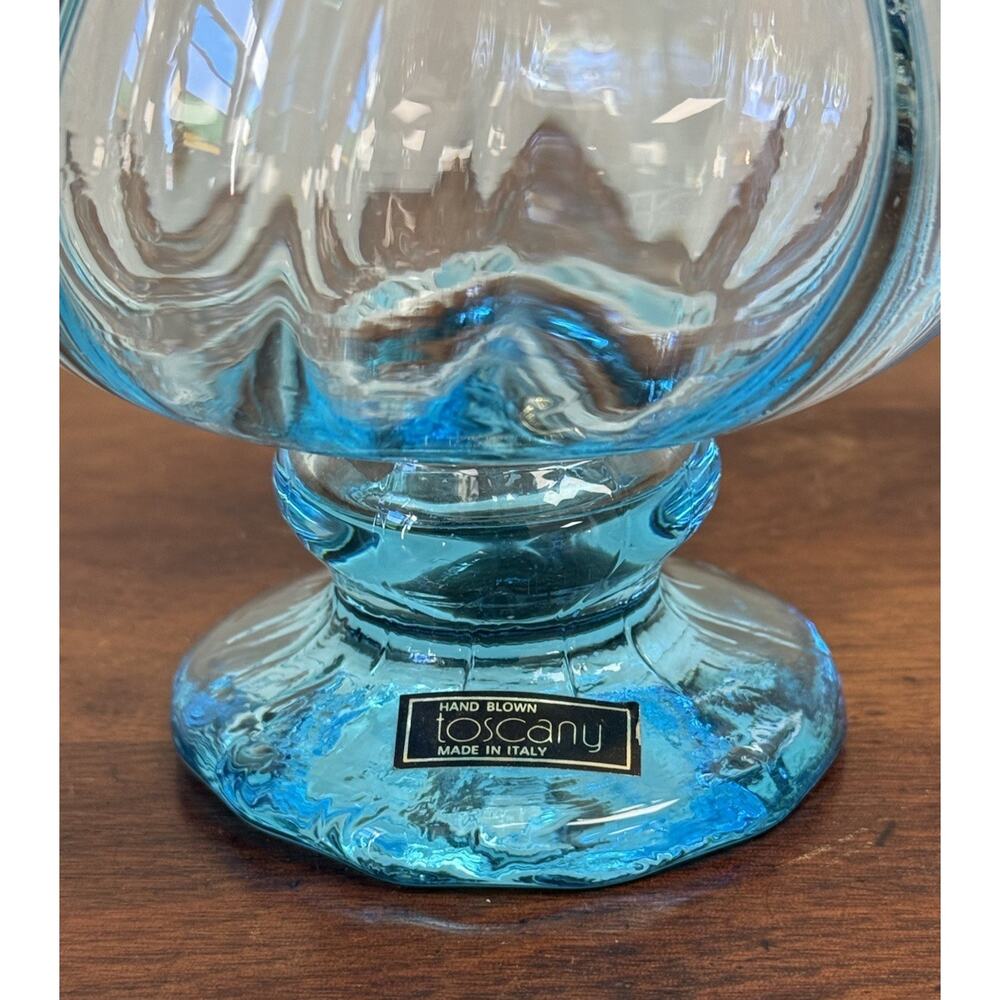 Vintage Toscany Italy Hand Blown Aqua Blue Art Glass Footed Bowl Compote 6" - Picture 7 of 10